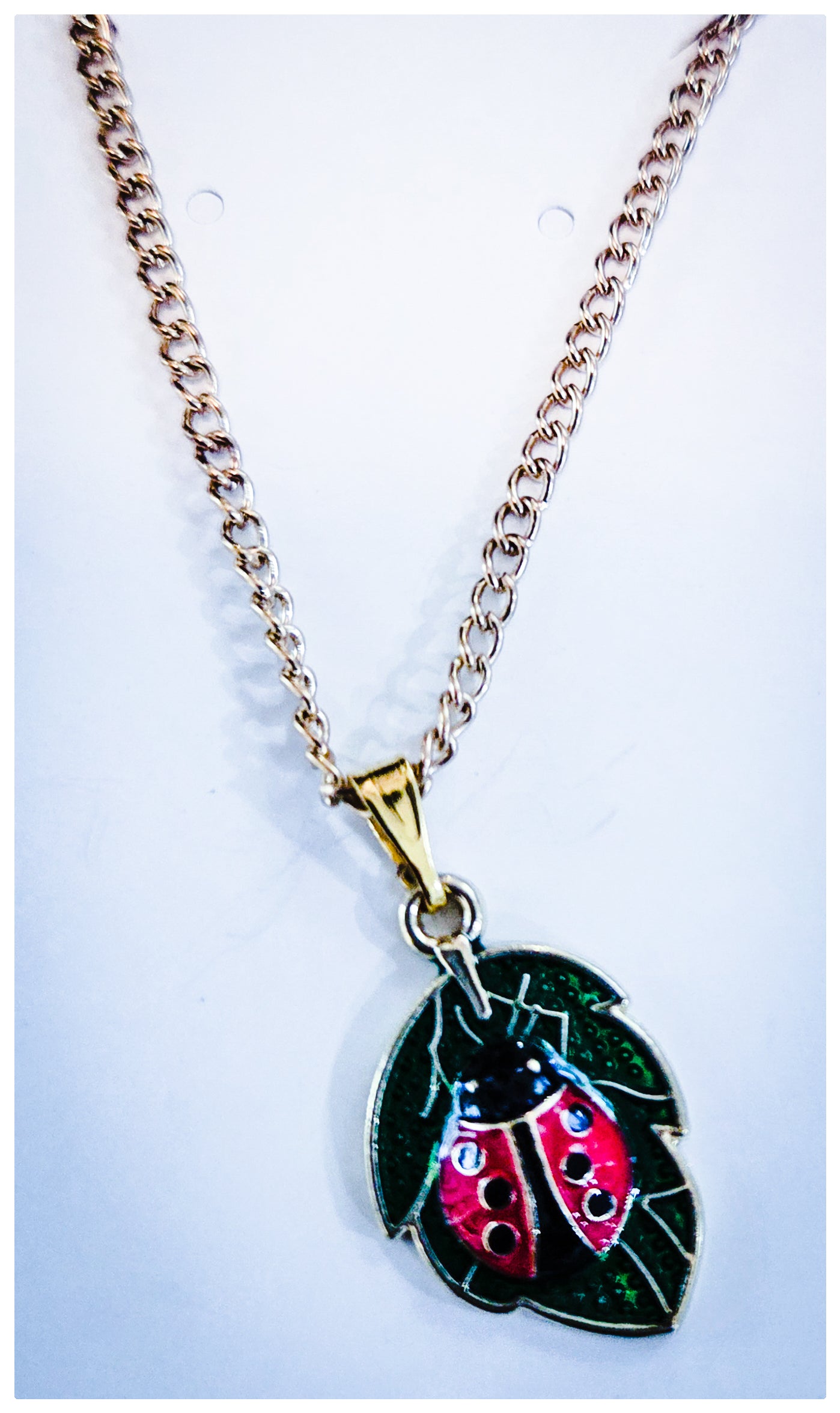 Ladybugs on a Leaf Necklace on 10" Gold Chain