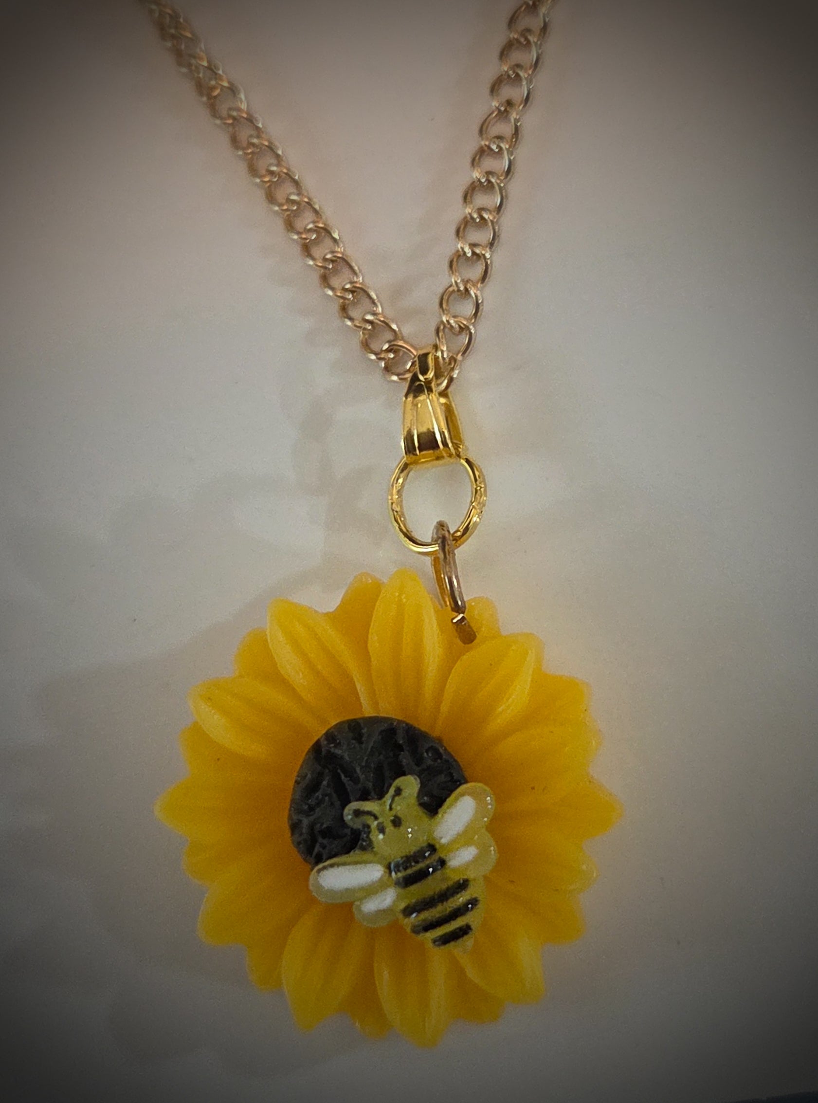 Sunflower with Bee Necklace on 13" Gold Chain